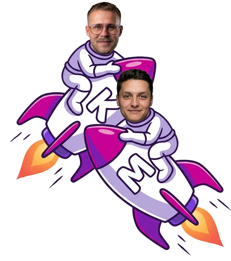 Zespół Klikon Media na rakietach z logo agencji, lecący w kosmosie