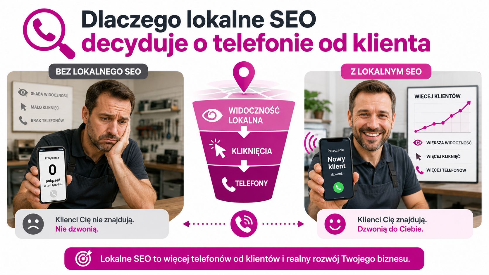 Porównanie korzyści płynących z pozycjonowania lokalnego SEO na przykładzie biznesu usługowego zwiększającego liczbę telefonów od klientów.