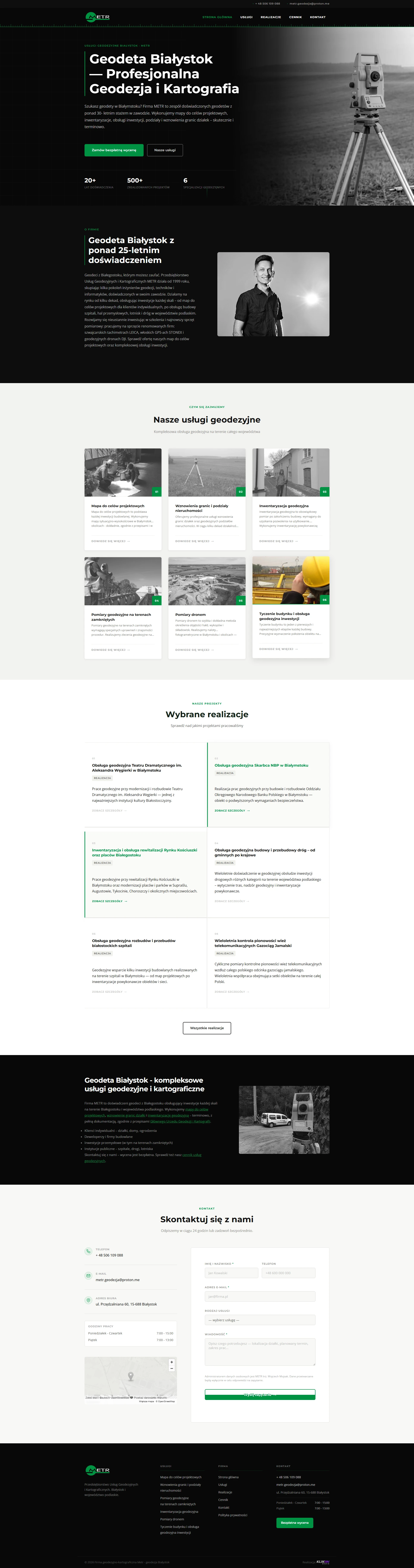 METR Geodezja - zrzut strony, widok na komputerze