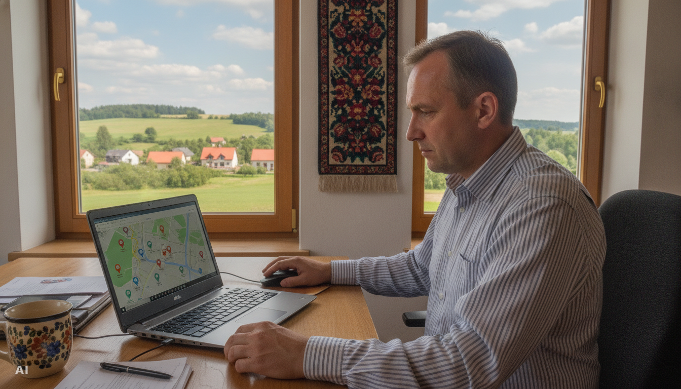 Właściciel małej firmy z Sochaczewa przegląda nową stronę internetową na laptopie